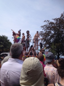 Half naked people on a float